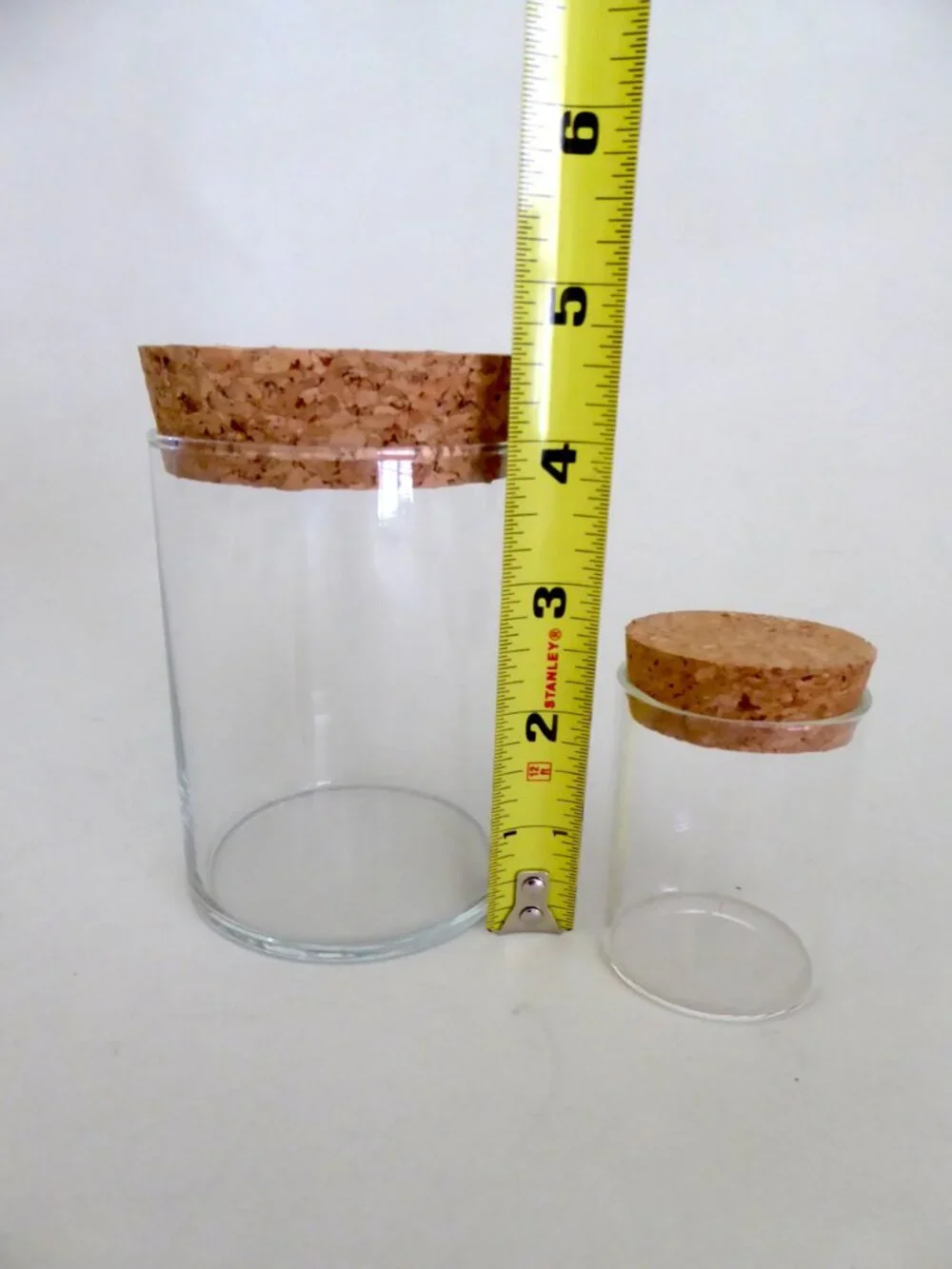 NEW 2.25” & 4” GLASS JARS CORK STOPPERS CLEAR CYLINDER (LOT OF 2)